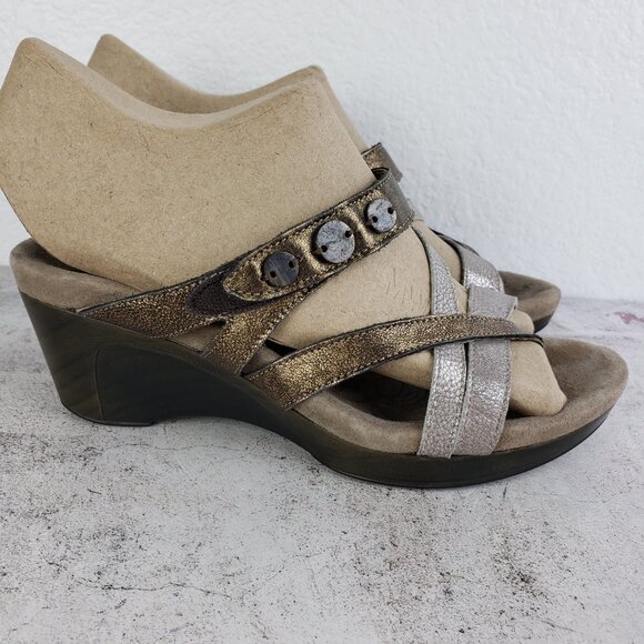 Romika Metallic Leather Wedge Sandals Slides Comfort Shoes size 39 US 8.5 - Picture 2 of 14